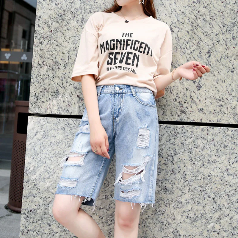 

Plus Size Ripped Jeans for Women Denim Pants Knee-length High Waist Distressed Casual Summer Style Large Size Vaqueros Mujer