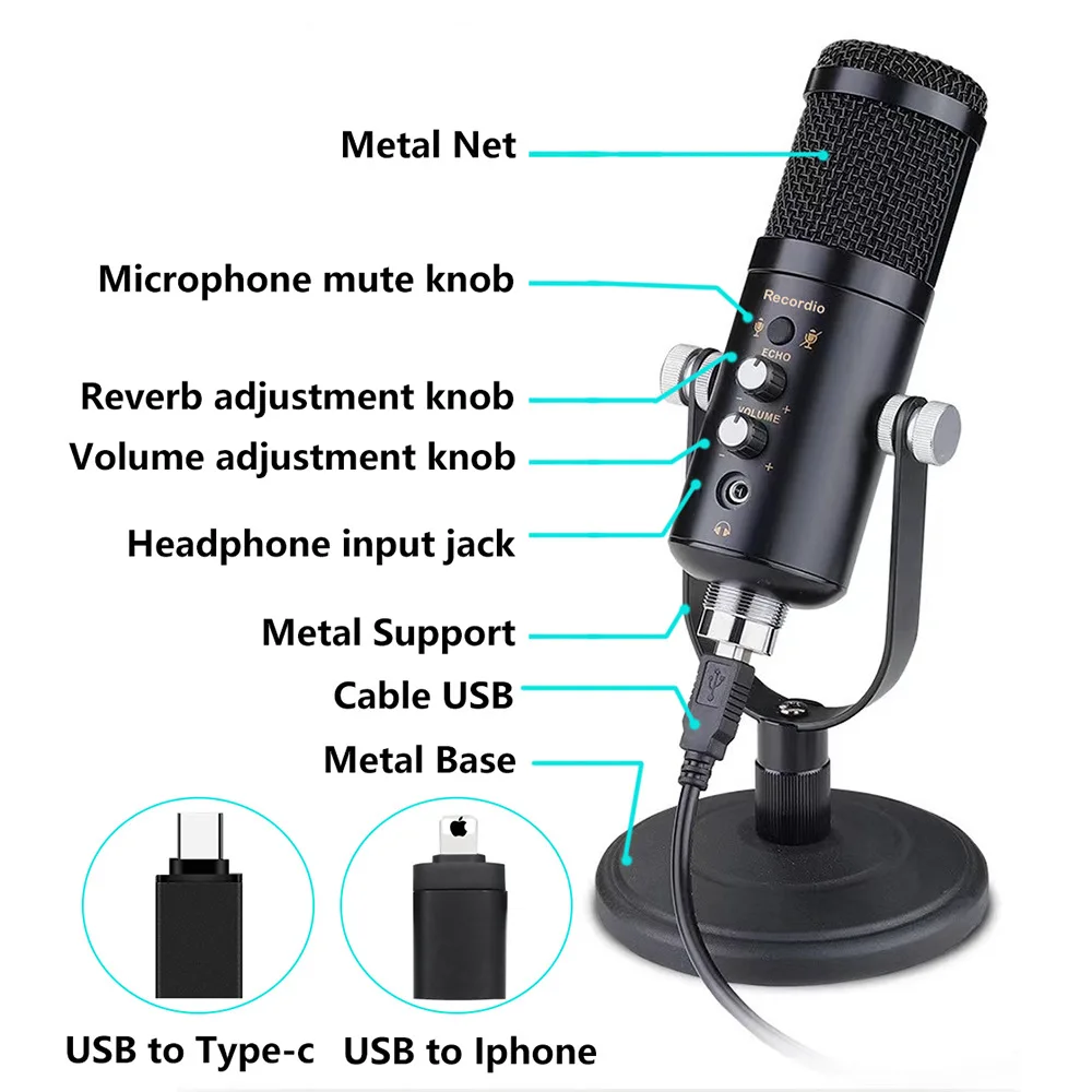 Металлический конденсаторный USB-микрофон для ноутбука Windows кардиоидный Подкаст