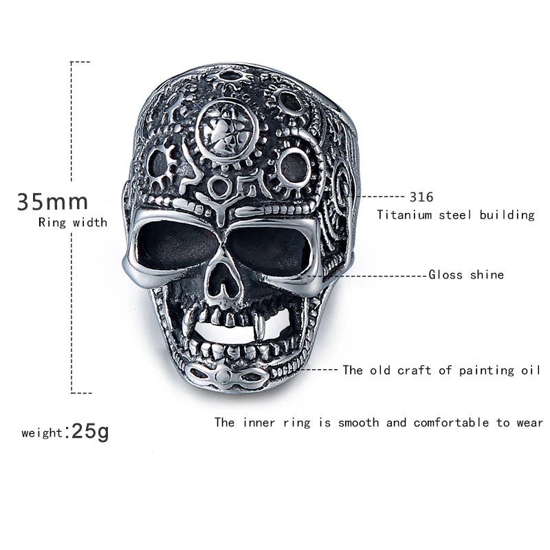 Кольцо с большим черепом мужское Превосходное качество 316L нержавеющая сталь