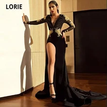 LORIE 2020 V-Neck Satin Evening Dresses Mermaid with Long Sleeve Elegant Black Gold Lace Appliques Formal Prom Party Gowns Split (2)