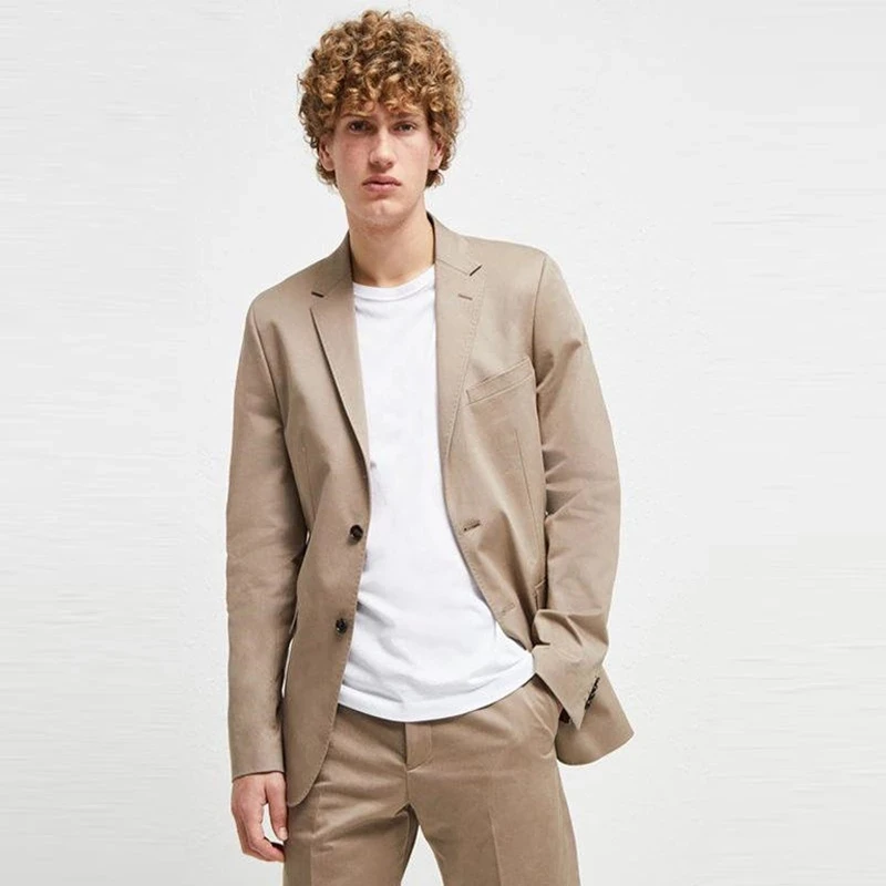 

2021 New Arrival Khaki Notch Lapel Two Buttons Men's Suits 2 Pieces Slim Fit Handsome Wedding Bridegroom Tuxedos Banquet Blazer