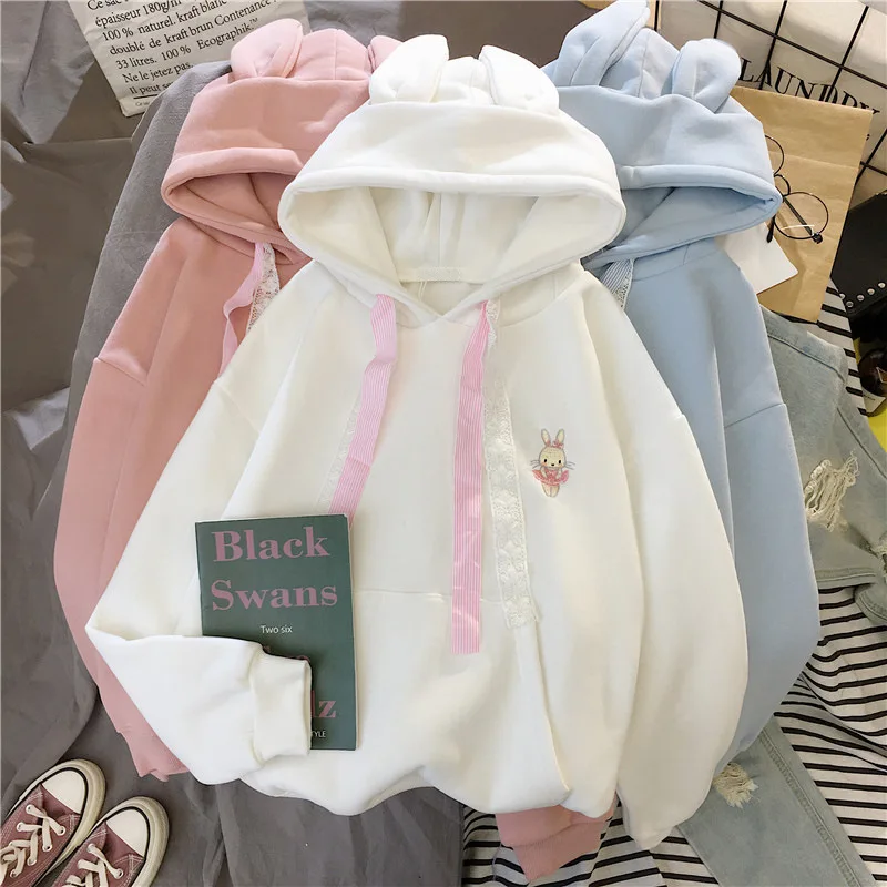 

Winter Hoodies Women's Rabbit Pullover Plush Thickened Winter Tide Korean Loose And Versatile Lovely Embroidered Tops Jacket