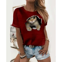 2021 summer womens cute cat 3d printed round neck t shirt casual short sleeved hedging polyester upper garment accessories