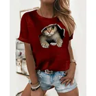 Женская футболка с 3D принтом кошки и круглым вырезом, Повседневная футболка из полиэстера с короткими рукавами и узором в виде кота, лето 2021