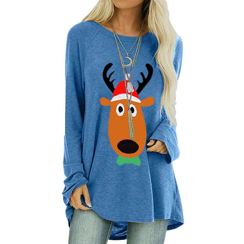 

Merry Christmas Print Women Tshirts Long Sleeve Round Collar Mid-Length Irregular Top Casual Oversize Shirts#k
