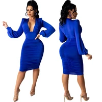 2021 new autumn long sleeve deep v neck sexy women high quality bandage bodycon dress loyal blue knee length