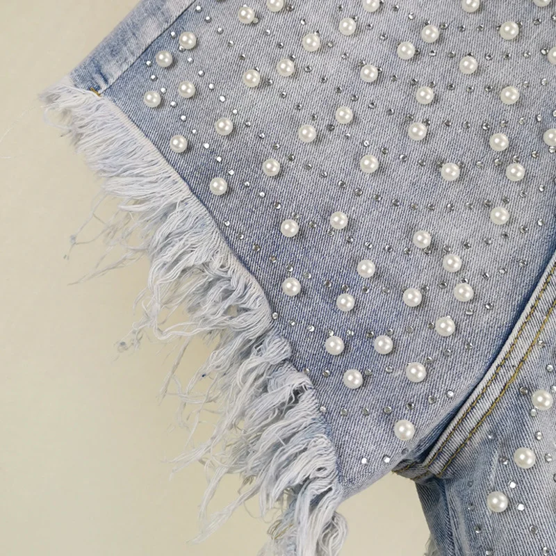 

IEQJ Hot Pants Women Wide Leg Pants Pearl Nail Bead Hot Drill Raw Edge High Waist Denim Casual New Fashion 2021 Summer GD552