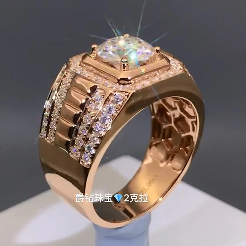 Мужское прямоугольное кольцо с бриллиантами Moissanite роскошное из розового золота