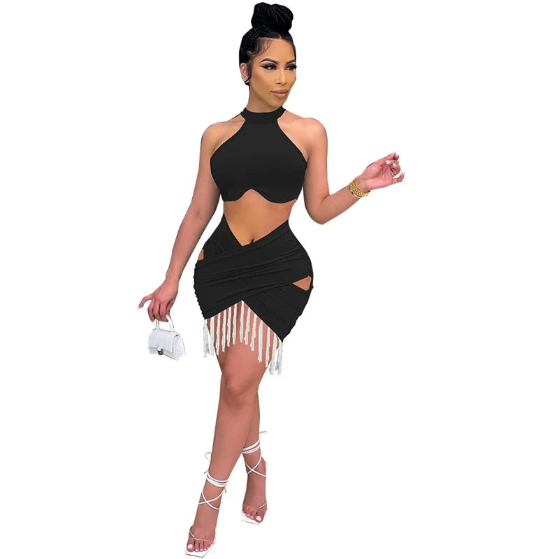

RStylish 2021 Summer Sexy Solid Color Halter Neck Sleeveless Tank Crop Top Tassel Fringed Skirt Women Club Two Piece Set