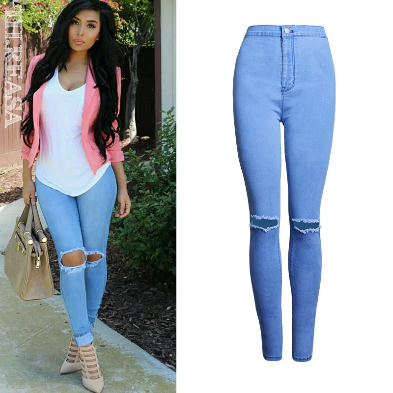 High Waist Elastic Slim Pencil Pants Solid Color Holes Small Feet Women's Jeans