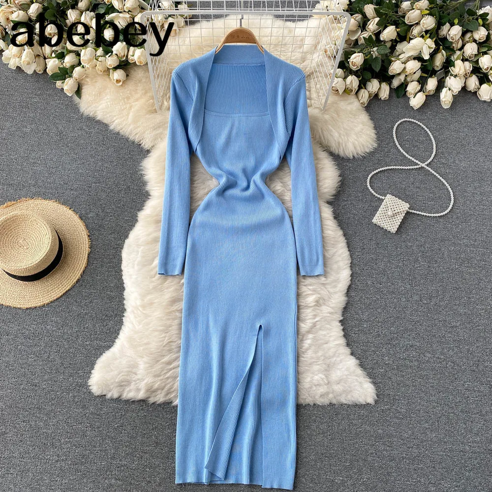 

Korean Knitted Dress Women Square Collar Long Sleeve Elastic Slim Dress Autumn Winter Sexy Bodycon Split Sweater Dress