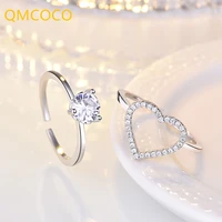 qmcoco simple fashion creativity two in one heart shape silver color ring woman zircon sweet romantic wedding jewelry gifts