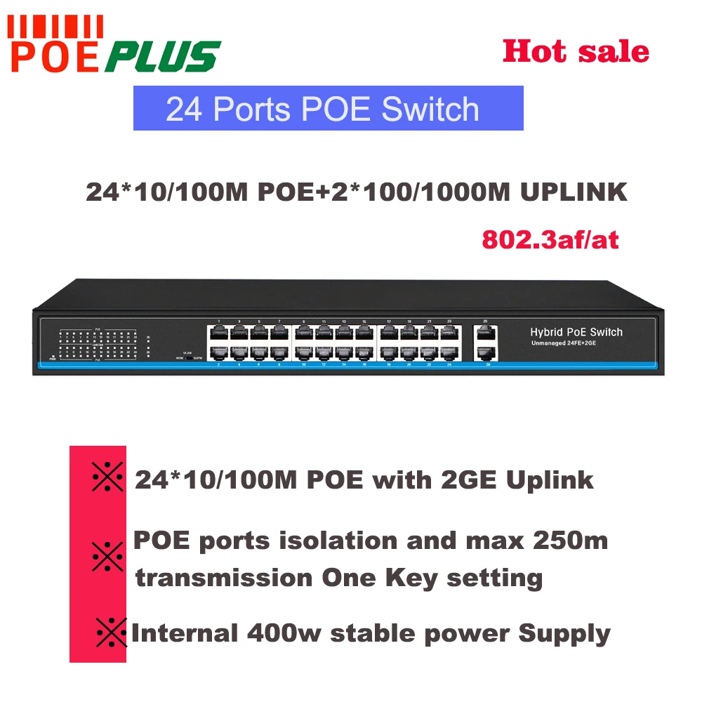 POE коммутатор с 24 портами 100 Мбит/с + 2GE гигабитный сетевой uplink 802.3af/at CE/FCC/ROHS