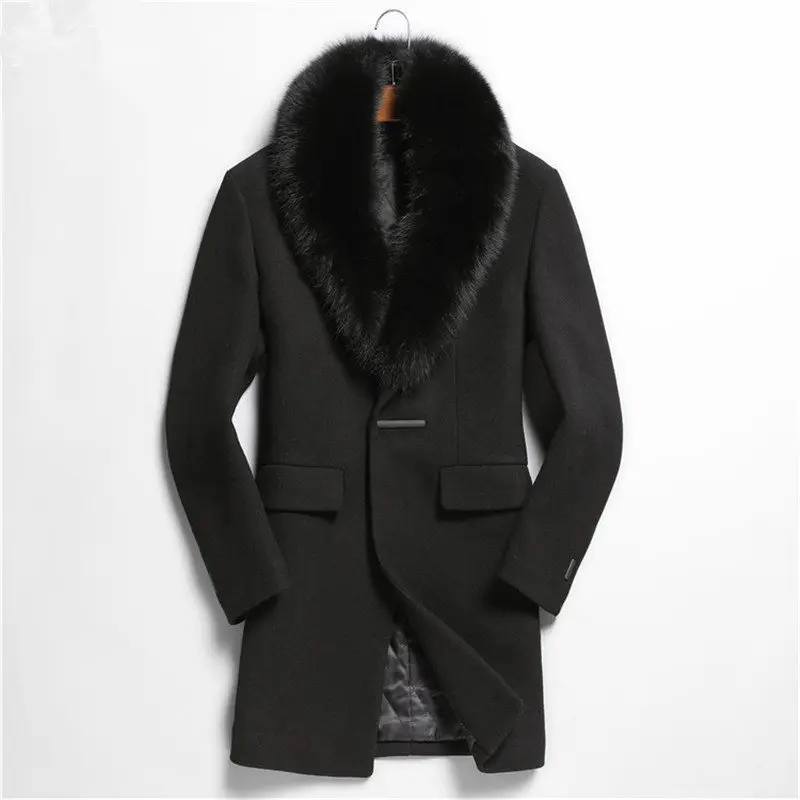 

Autumn Winter Jacket Men Top Qulity Wool Coat 100%Real Fox Fur Collar Overcoat Abrigo De Lana Hombre M2988 MF629