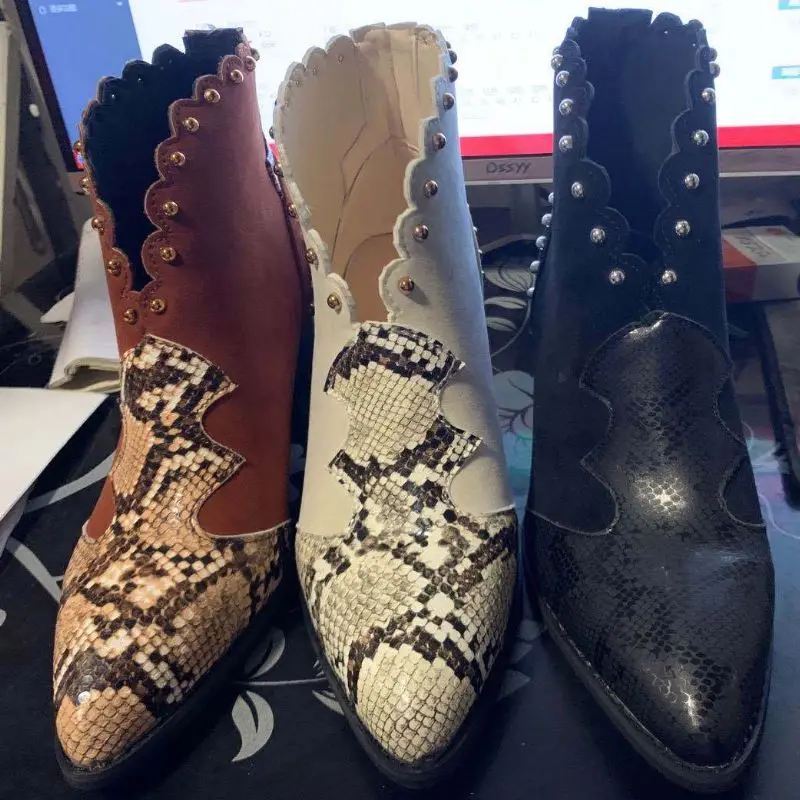 

Kemekiss Women Ankle Boots Alligator Pointed Toe Women Shoes For Women Fashion Rivets Short Female Boot Footwear Size 36-43