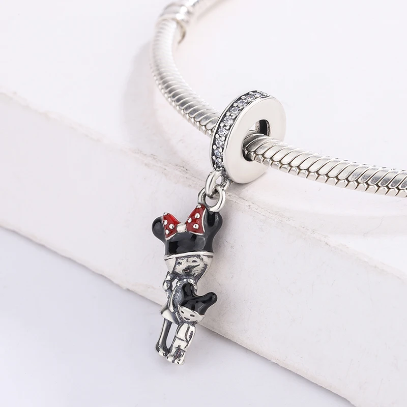 

925 Sterling Silver Cartoon Character Enamel Minny Bowknot Pendant Charm Bracelet DIY Jewelry Making For Original Pandora