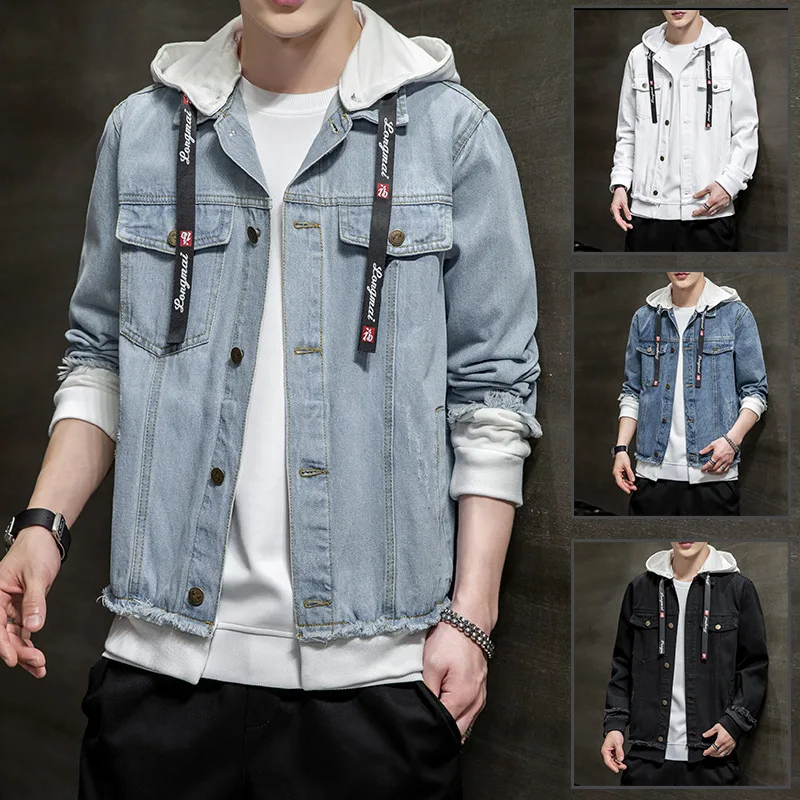 

2020 Men's New Knitted Hat Stitching Denim Jacket Youth Hooded Solid Color Casual Denim Jacket