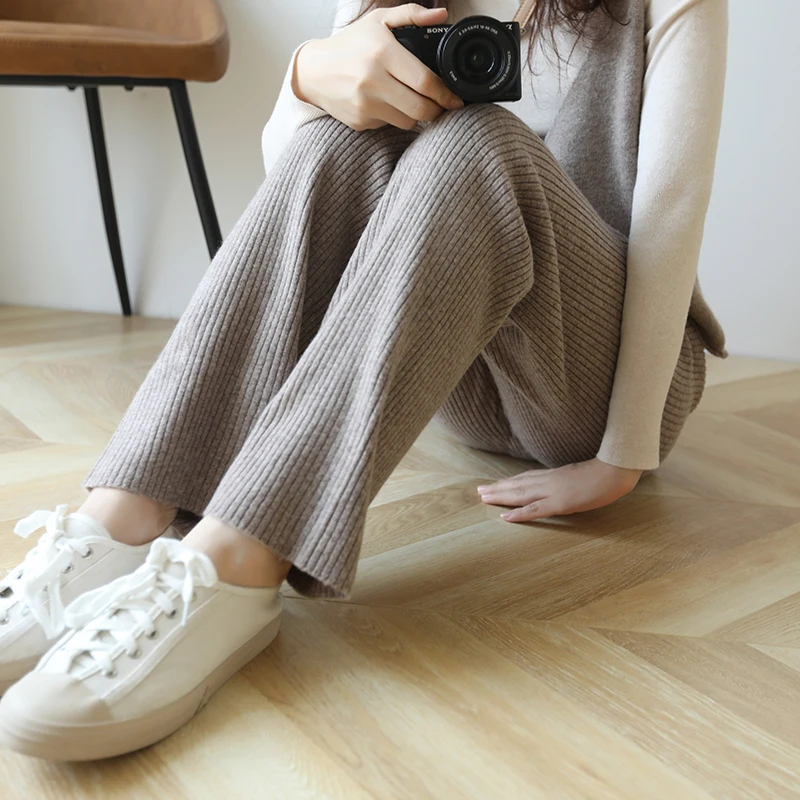Casual Straight Leg Knitted Pants Women Must Have 100% Wool Loose Pants Slim Look All-match Long Trousers Soft Finewool 2020