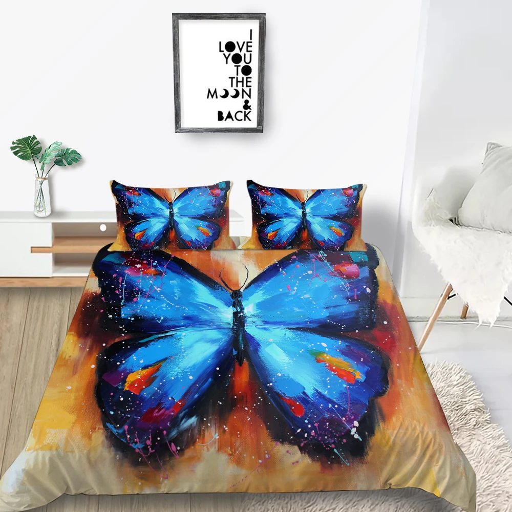 Комплект постельного белья с голубыми бабочками художественный мягкий красивый