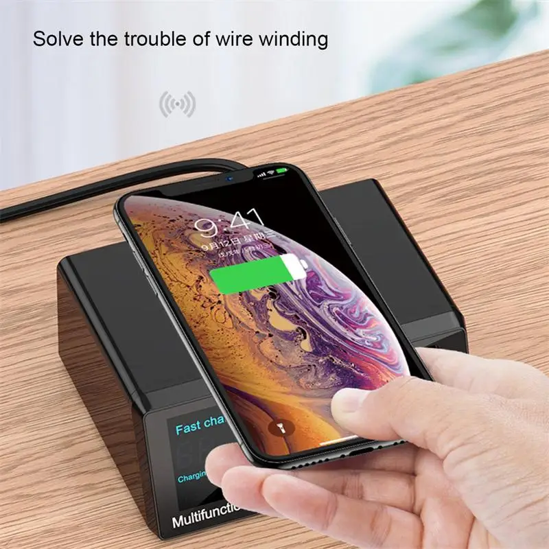 QC3.0 8 Ports USB Smart Digital Display 100W Fast Charging Wireless Charger For iPhone Samsung Huawei Tablet Dock | Мобильные