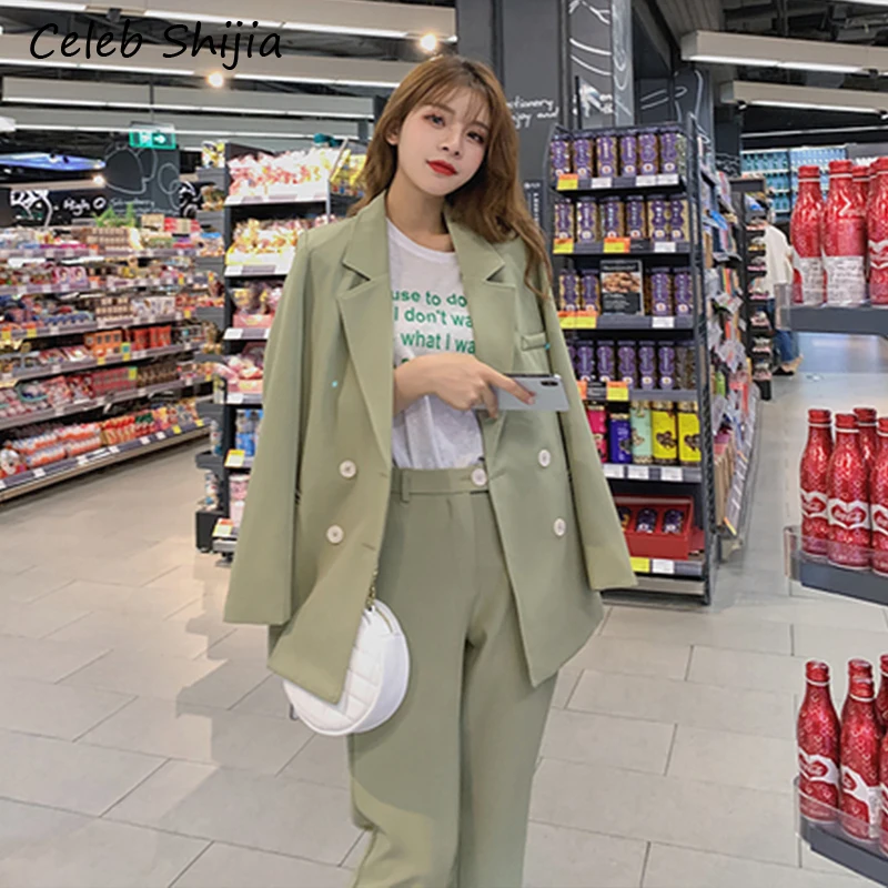 Корейский модный женский костюм брюки зеленого цвета однотонный комплект из 2