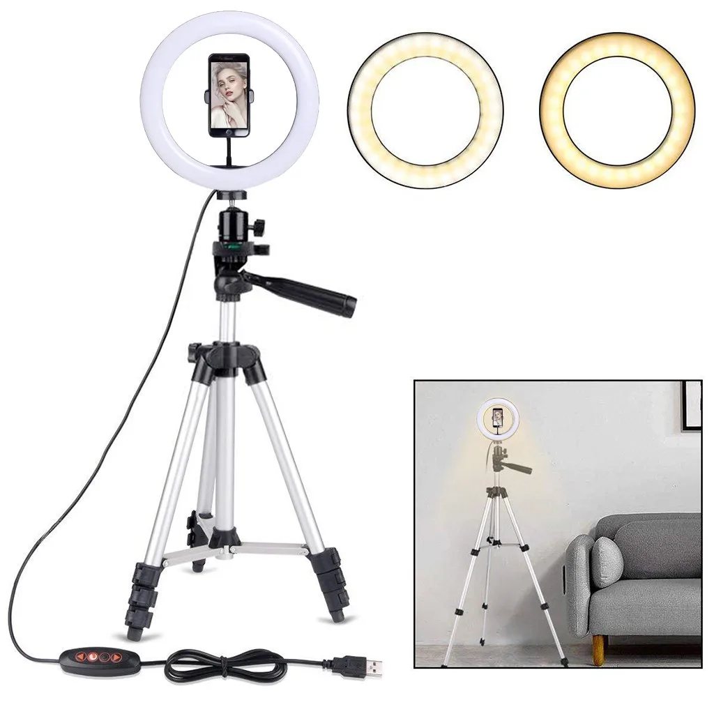 

Photography LED Selfie Ring Light 8IN Dimmable 5500K Camera Phone Ring Lamp With Table Tripods For Makeup Video Live Studio#0528