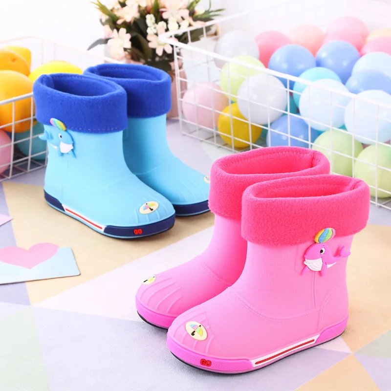 Детские резиновые ботинки теплые Нескользящие однотонные мультяшный рисунок