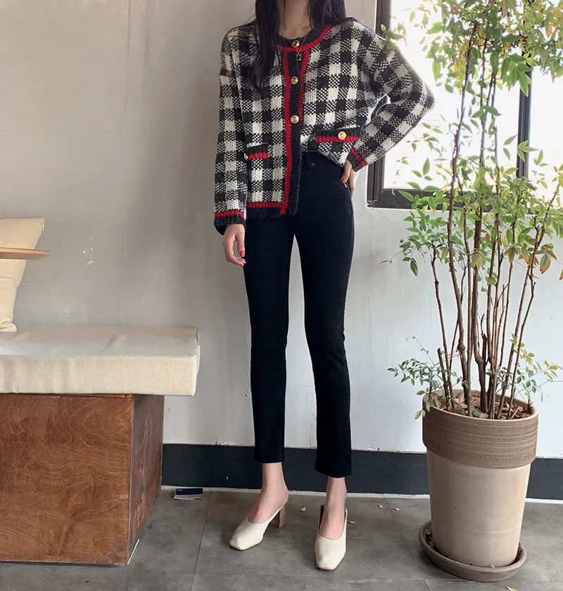 

Elegant Kawaii Sweet Women Cardigans Korean Single Breasted Knitted Sweaters Vintage O-Neck Plaid Hit Color Female Cardigan