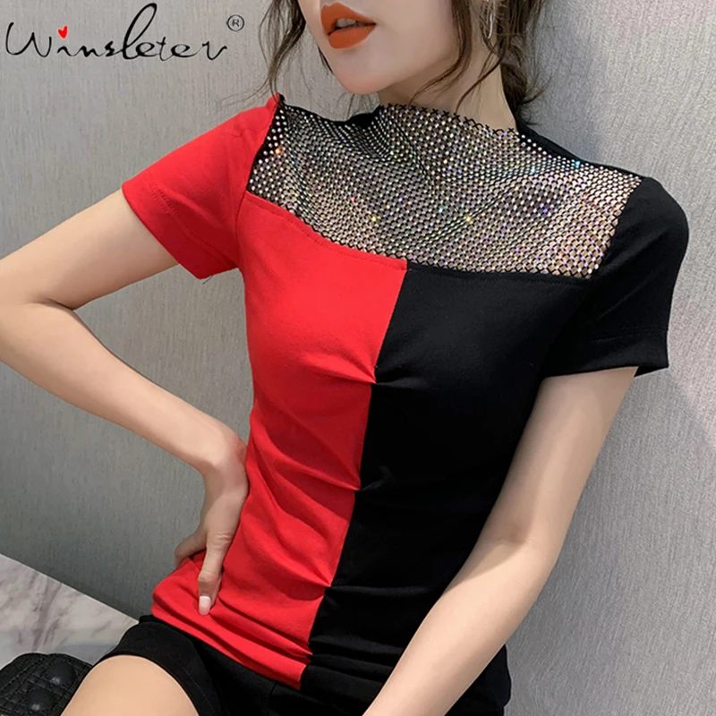 

Newest Women 2020 Summer Contrast Color Tshirts Female Tops Elegant Vogue Shiny Diamonds T Shirt Cotton Korean Mujer T04716B