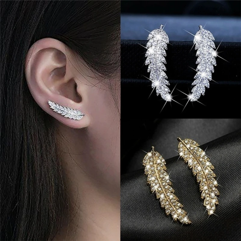 

1Pair Gorgeous Feather Ear Climbers Cuff Earrings Crystal Diamonden Leaves Cluster Wedding Earrings for Women
