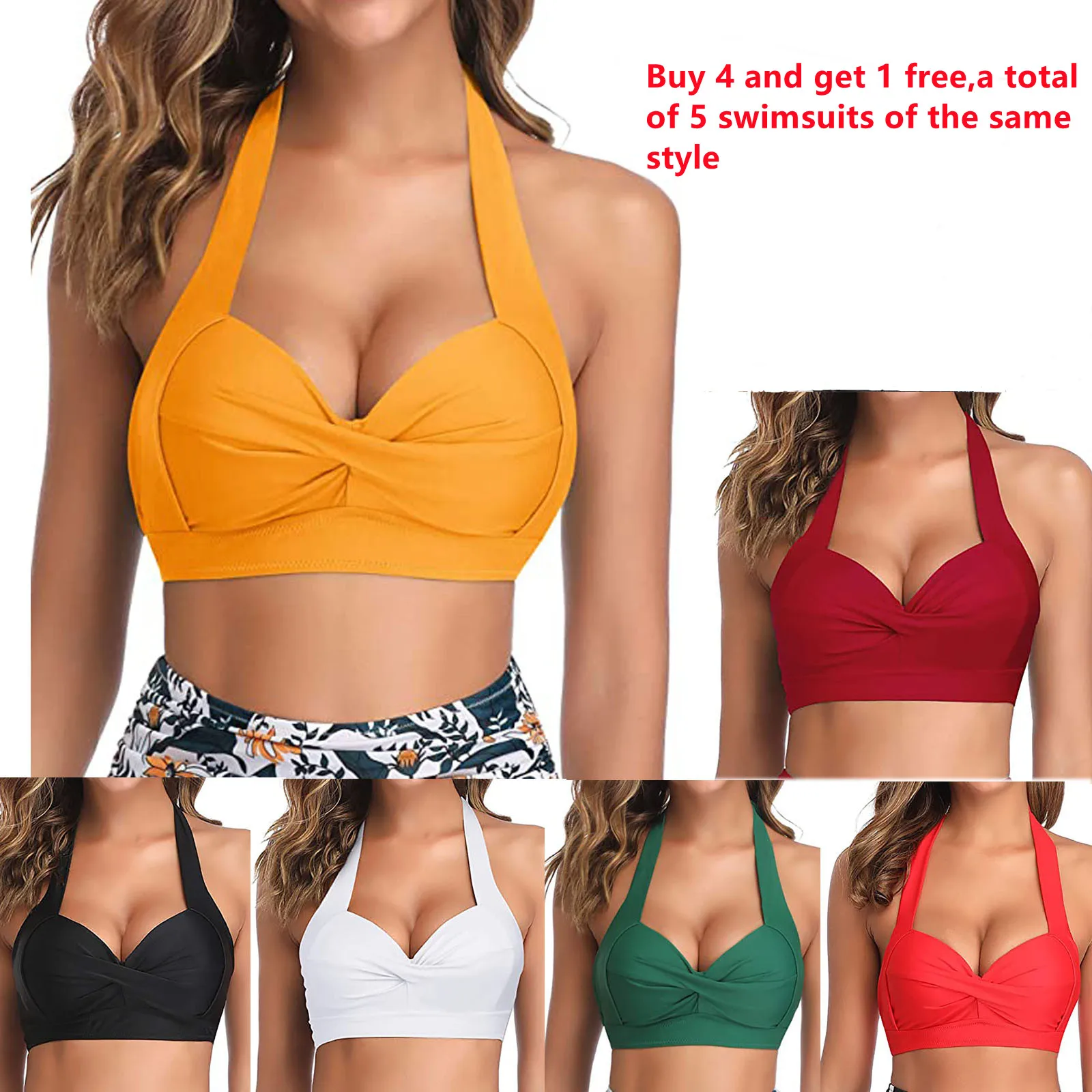 

Swimsuit Women 2021 Summer Fashion Sexy Multi Color Swimwear Top+Shorts Ladies Casual Halter Ruched High Waist Bikini Blouse 2PC