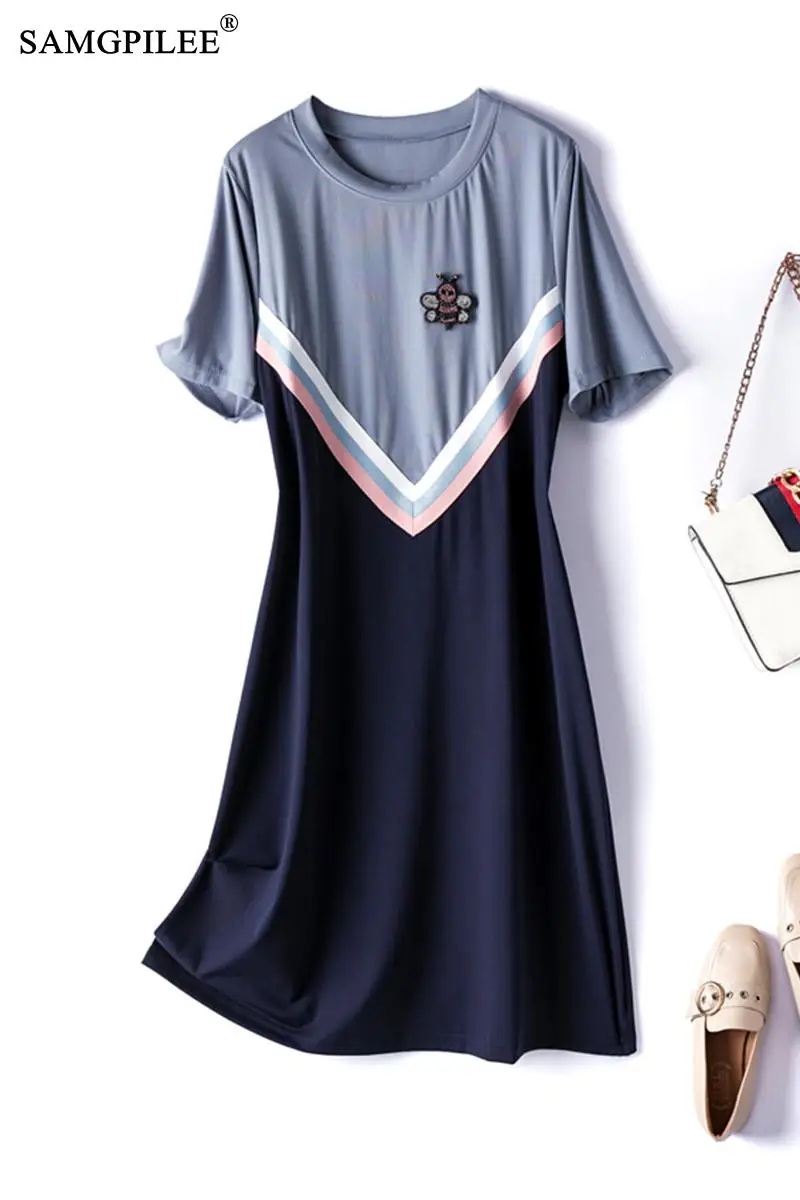 

Summer Clothes For Women 2021 New Korean Style Bee Pattern Beads Patchwork Stretch Cotton Knee Length Short Sleeve Dresses Woman