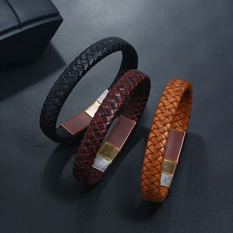 Классические мужские браслеты ручной работы из натуральной кожи на цепочке