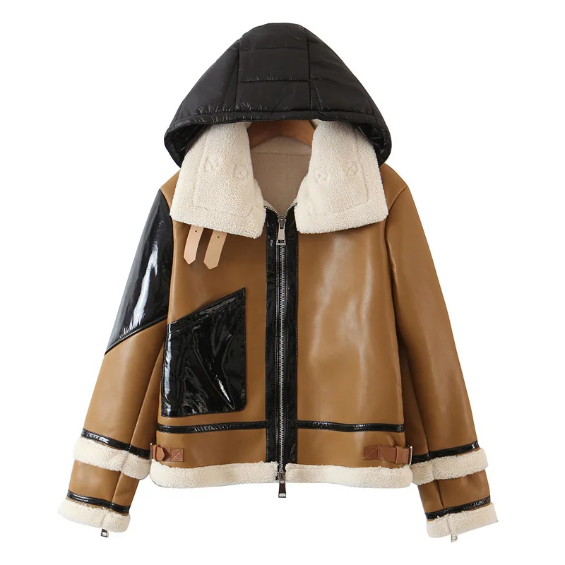 

Winter Faux Leather Jacket Women 2021 Hooded Warm Zipper Faux Sheepskin Coat Pocket Patchwork Faux Lamb Leather Coat Female