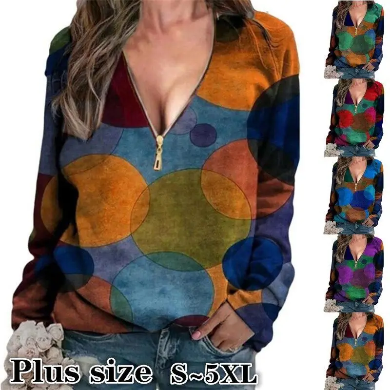 

Casual Polka Dot Printed Pullover Zipper Sexy V Neck Long Sleeve Women's T Shirt Top Spring Autumn Large Size Elegant Ladies Tee