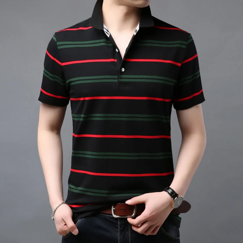 Мужская хлопковая рубашка-поло в полоску с отложным воротником | одежда
