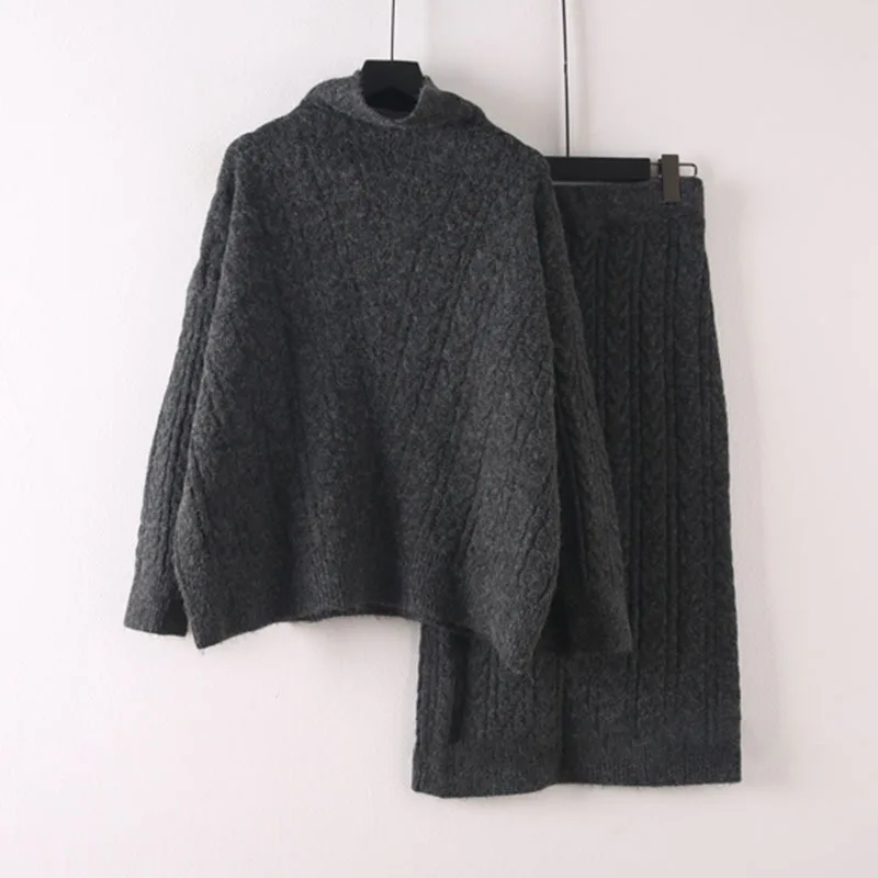 2019 вязаный женский комплект 2 шт. с длинными рукавами водолазка свитер + юбка