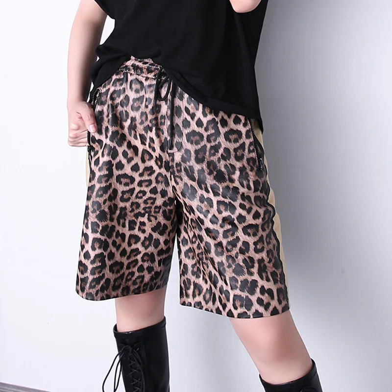 Factory New Style Women  Fashion Elastic waist Leopard Print Genuine Sheepskin Leather Shorts,Casual  Wide Leg Middle Pants
