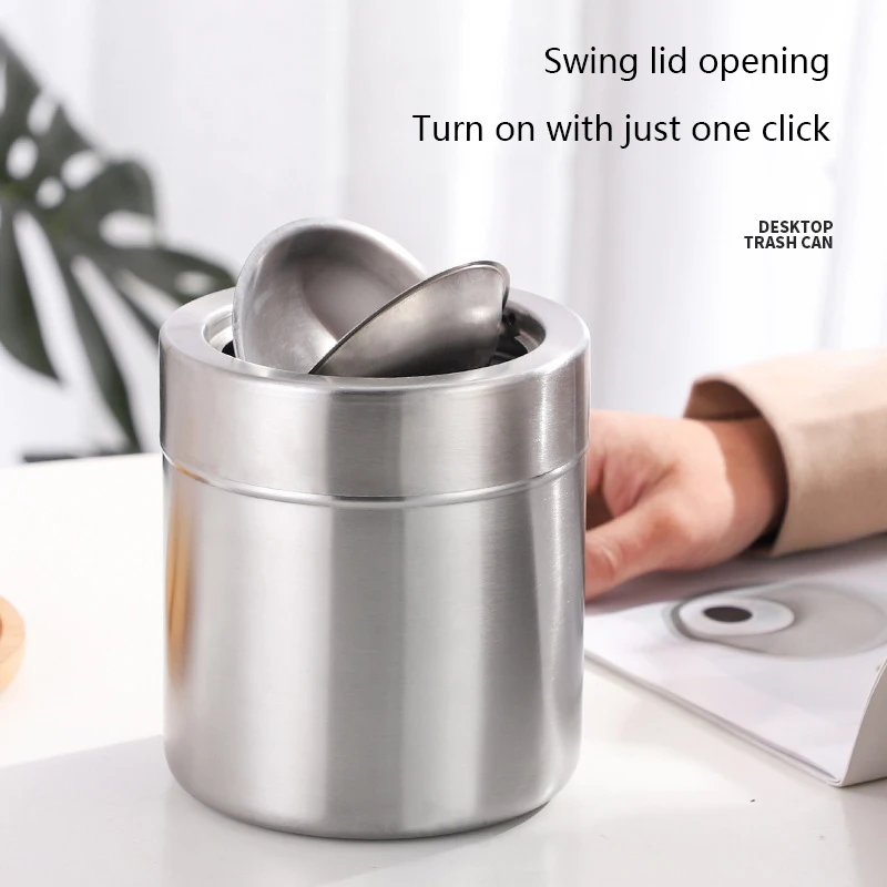 

Mini Table Trash Can Cigarette Ashtray Wastebasket Recycling Brushed Stainless Steel Wave Cover Countertop Garbage Bin for Home