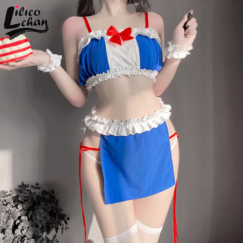 

Lace Ruffles Women Sexy Maid Uniform Bow Cute Bandage Cosplay Costume Sweet Lovely Tempatation Bar Set Patchwork Perspective New