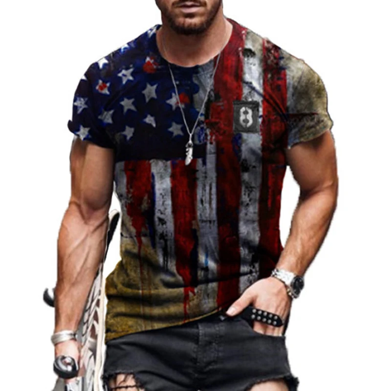

2021 Summer American Flag Print Men's Casual Fashion T-shirt Round Neck Loose Oversize Muscle Streetwear Clothing Man's Tshirt