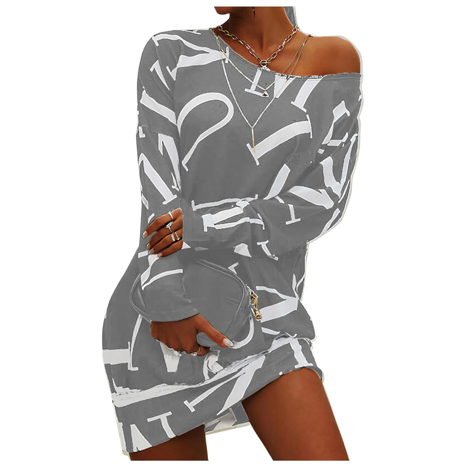 

Dresses 2021 Autumn Women's Letters Printed Round Neck Dress Sweatshirt Long Sleeve Pullover Female Dresses Robe Femme