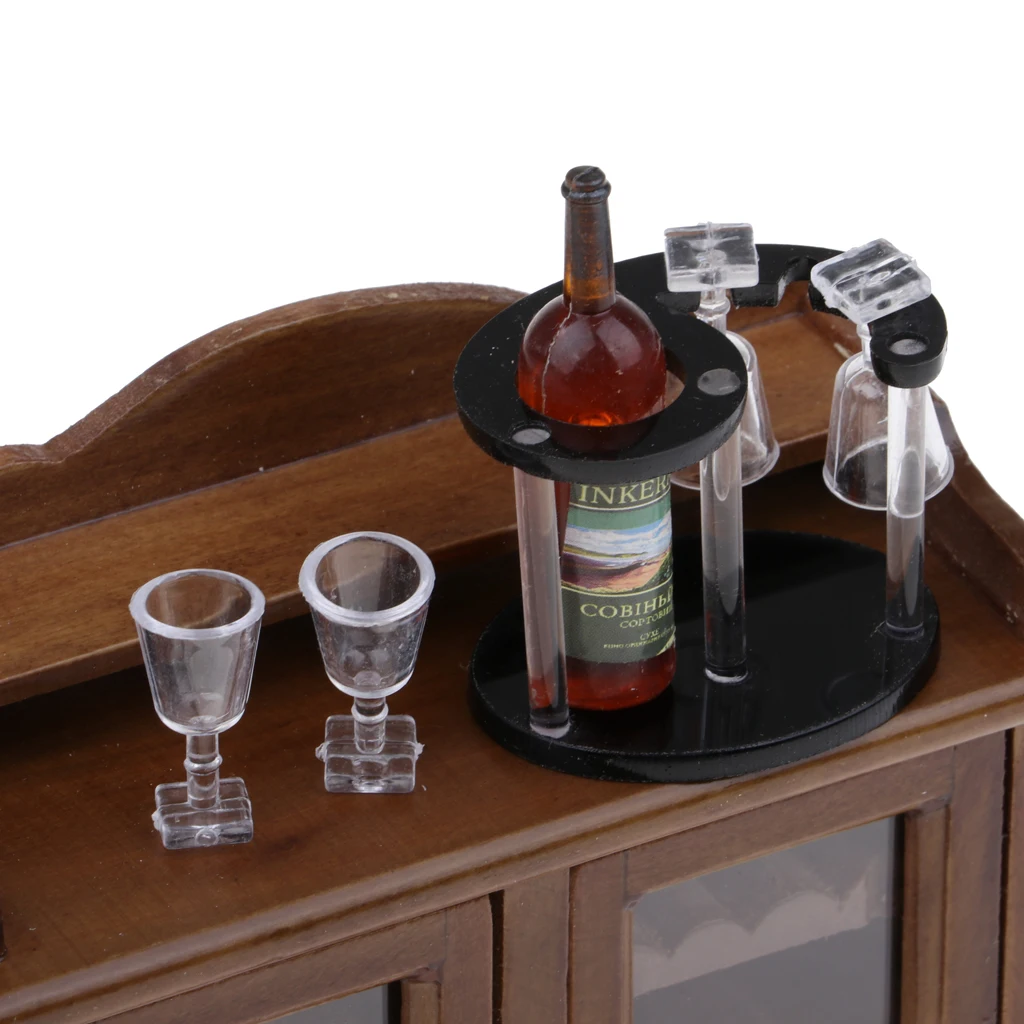 

Retro 1/12 Dollhouse Miniature Wood Wine Cabinet & Wine Rack Cups Set Decor