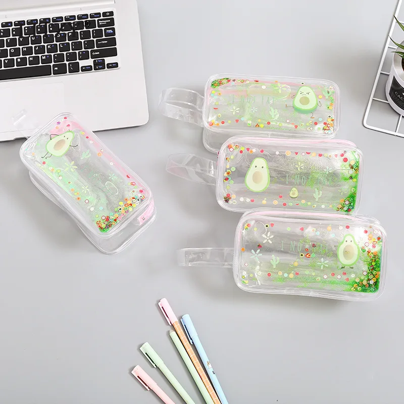 Пенал прозрачный с сыпучим песком и авокадо большой чехол для карандашей