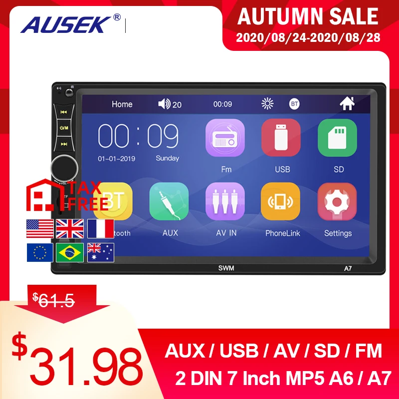 Автомобильное радио AUSEK 2din 7 &quotс сенсорным экраном Mirrorlink Bluetooth стерео Мультимедиа