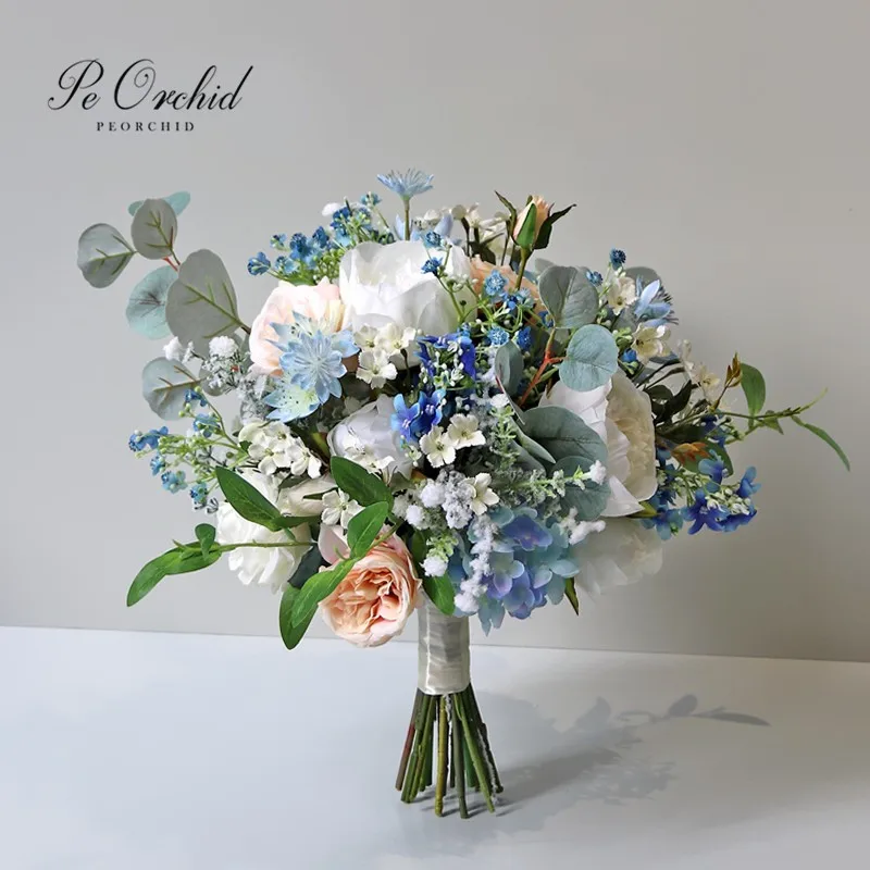 

PEORCHID Romantic Blue Bridal Bouquet Artificial Wedding Flowers For Brides Ramo Novia Boda White Peony Rose Bouquet 2021