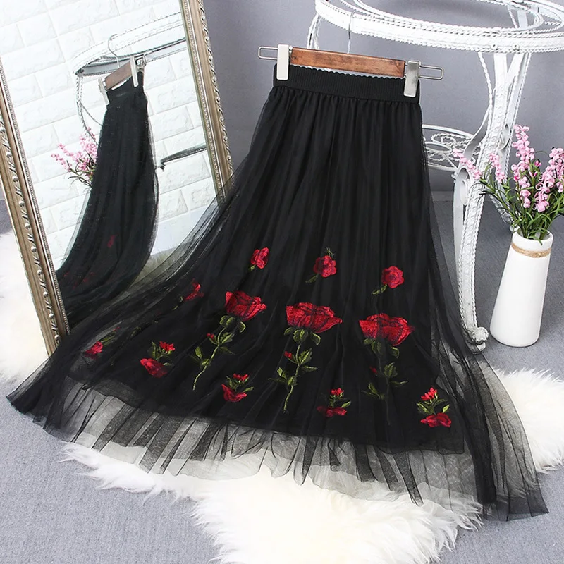 Новая летняя юбка из сетчатой ткани с вышивкой розы длинная Плиссированная