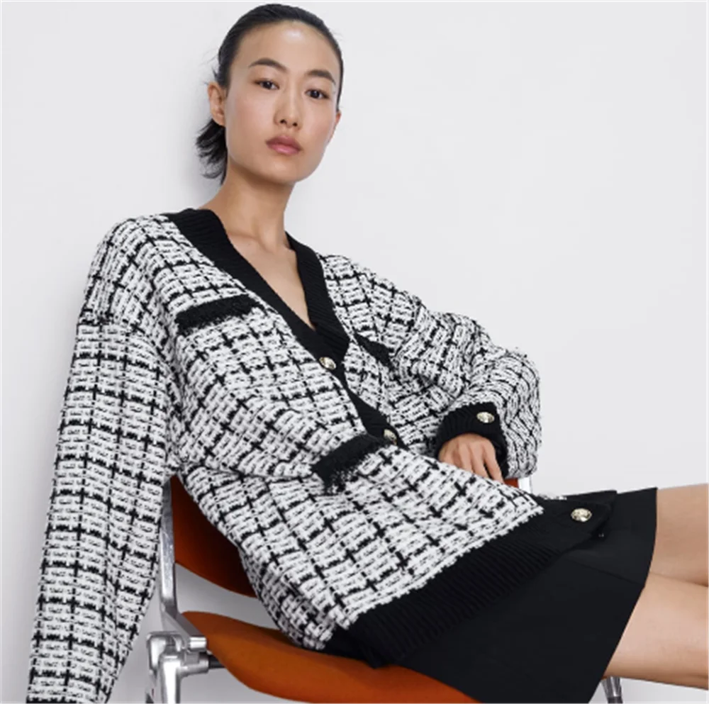 2019 ZA женский вязанный модный новый осенний зимний саржевый Свободный кардиган
