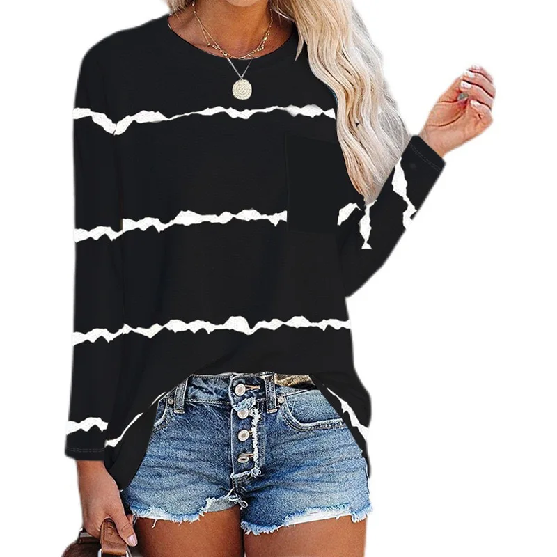 

2021 New Women Autumn Spring T Shirt Fashion Pocket Long Sleeve Black Striped Tee Shirts Female Loose Oversize Casual Street Top