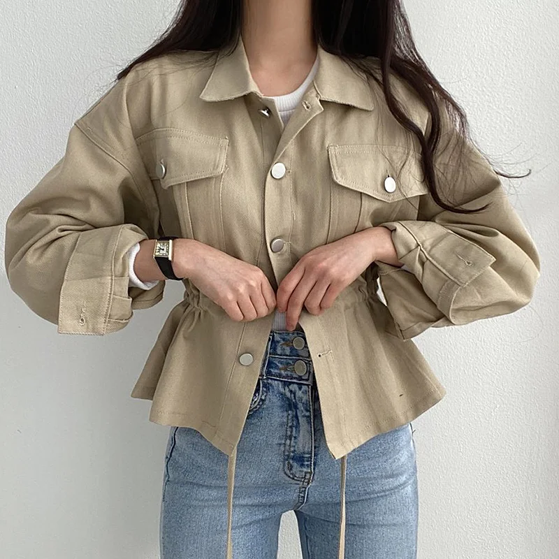 

[EWQ] Korea Chic Autumn Khaki Lapel Single Breasted Drawstring Waist Closed Leisure Double Fashion Short Coat Female 2021 6E2967